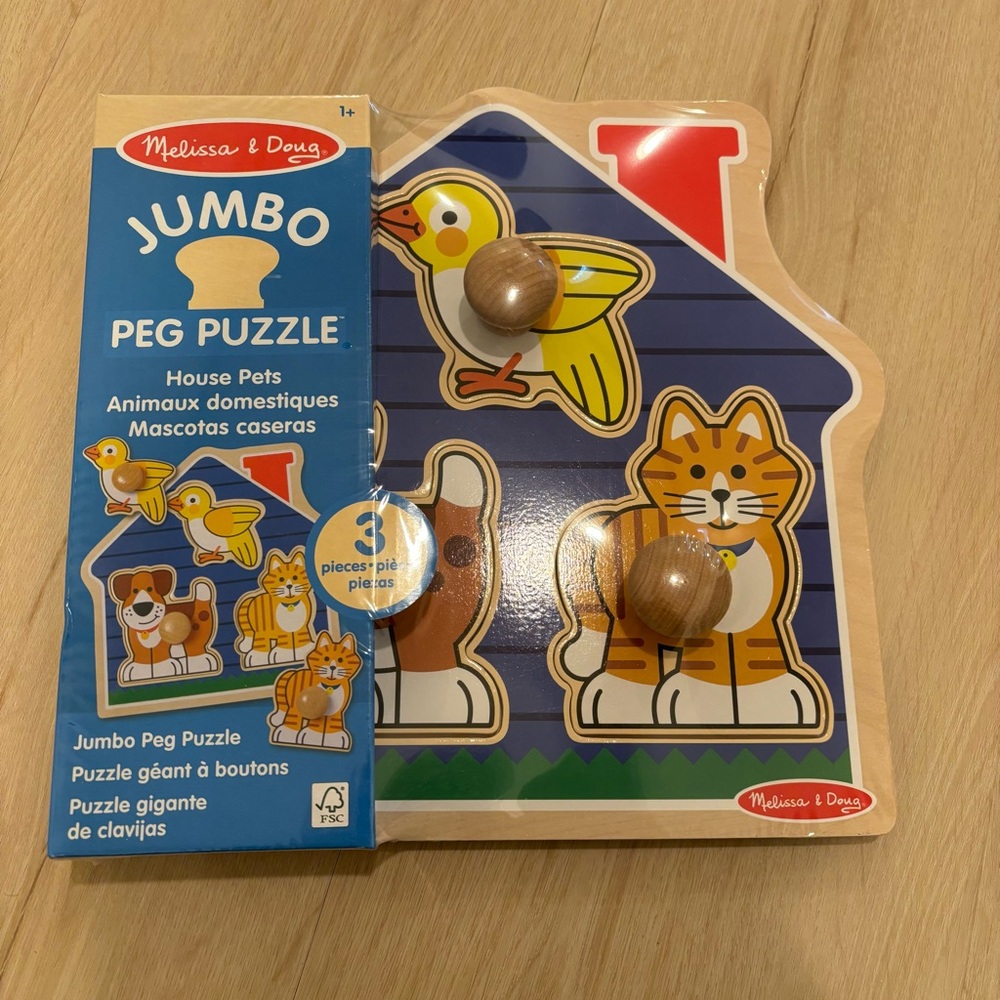 NWT Melissa & Doug Jumbo Peg Puzzle - House Pets. Wood puzzle for baby, toddler